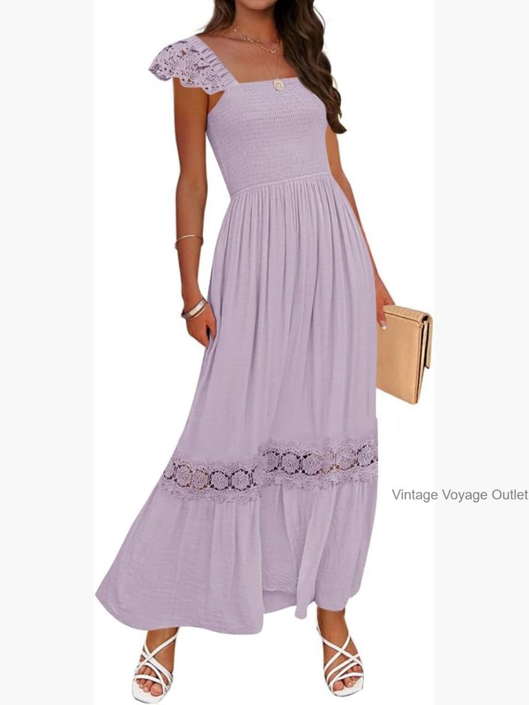 Summer Maxi Dress Lace Strap Sleeveless Square Neck Smocked High Waist
